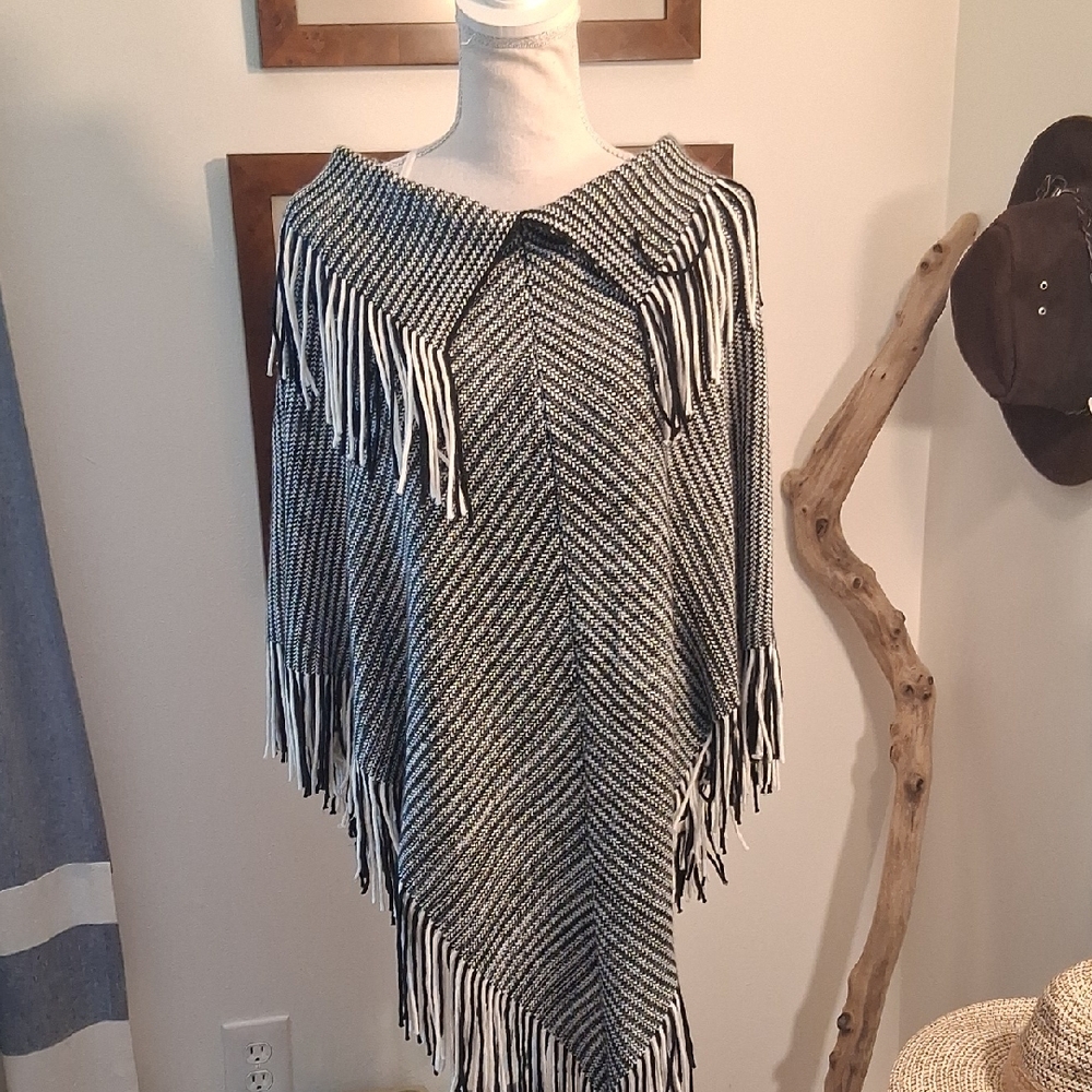 Black and White Fringe Poncho